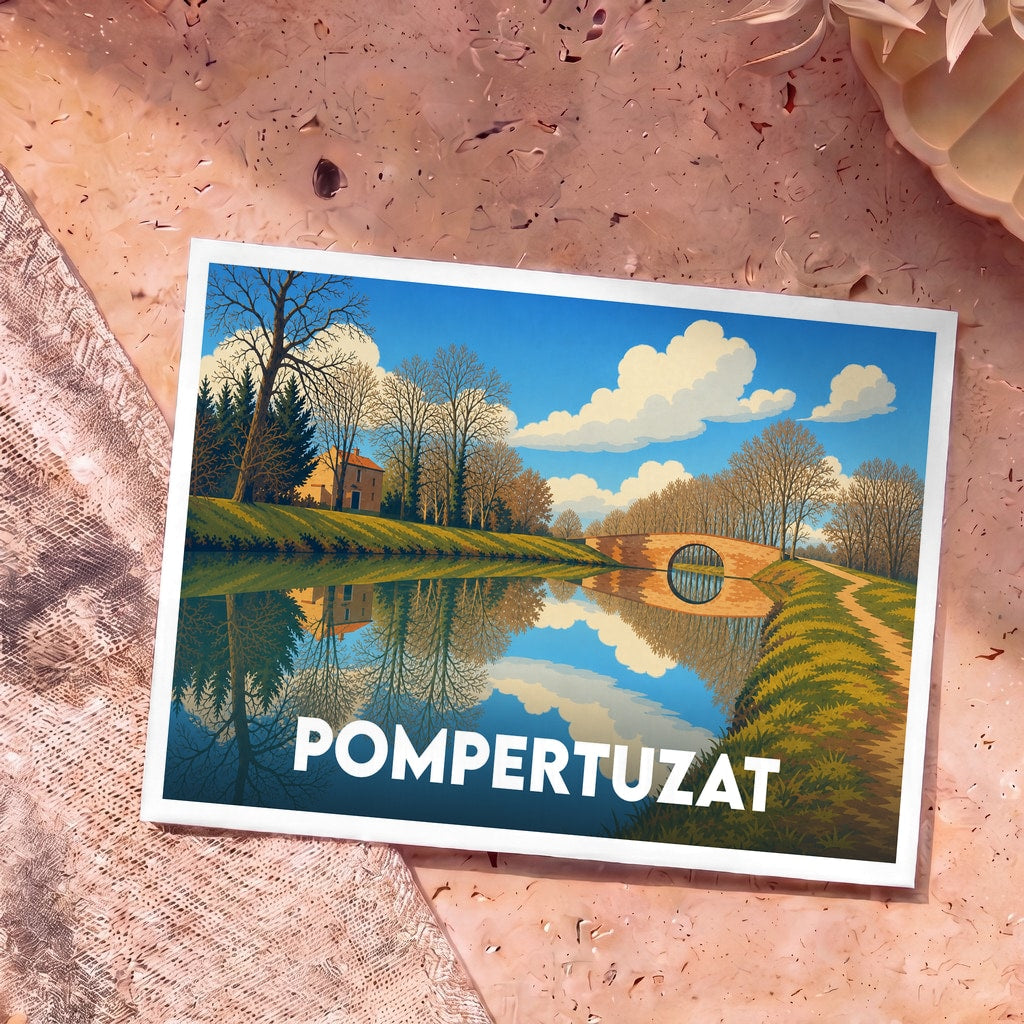 Carte postale souvenir de la ville de Pompertuzat avec une illustration stylisée du canal du Midi.