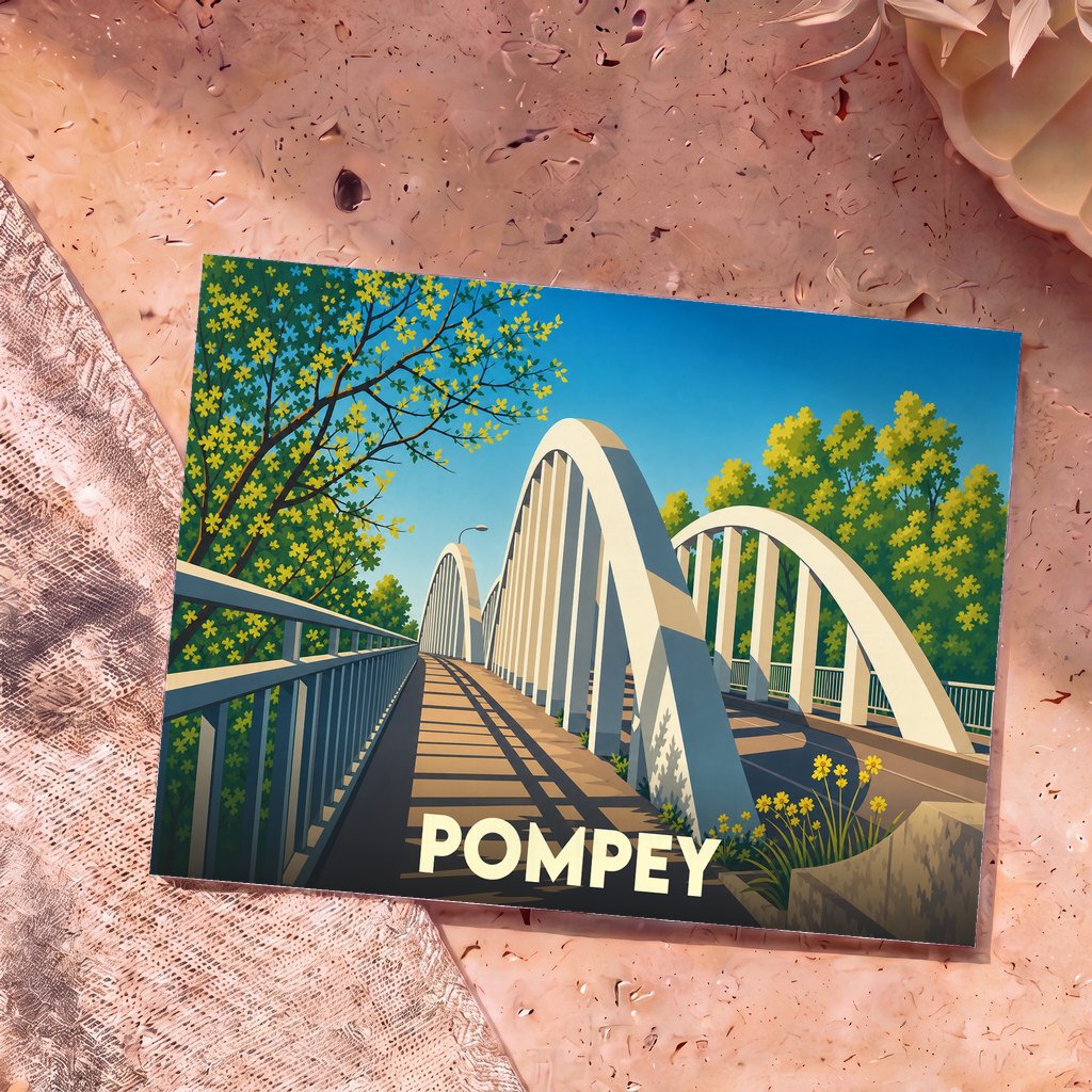 Carte postale souvenir de la ville de Pompey illustrant son pont bow-string dans un style graphique épuré.