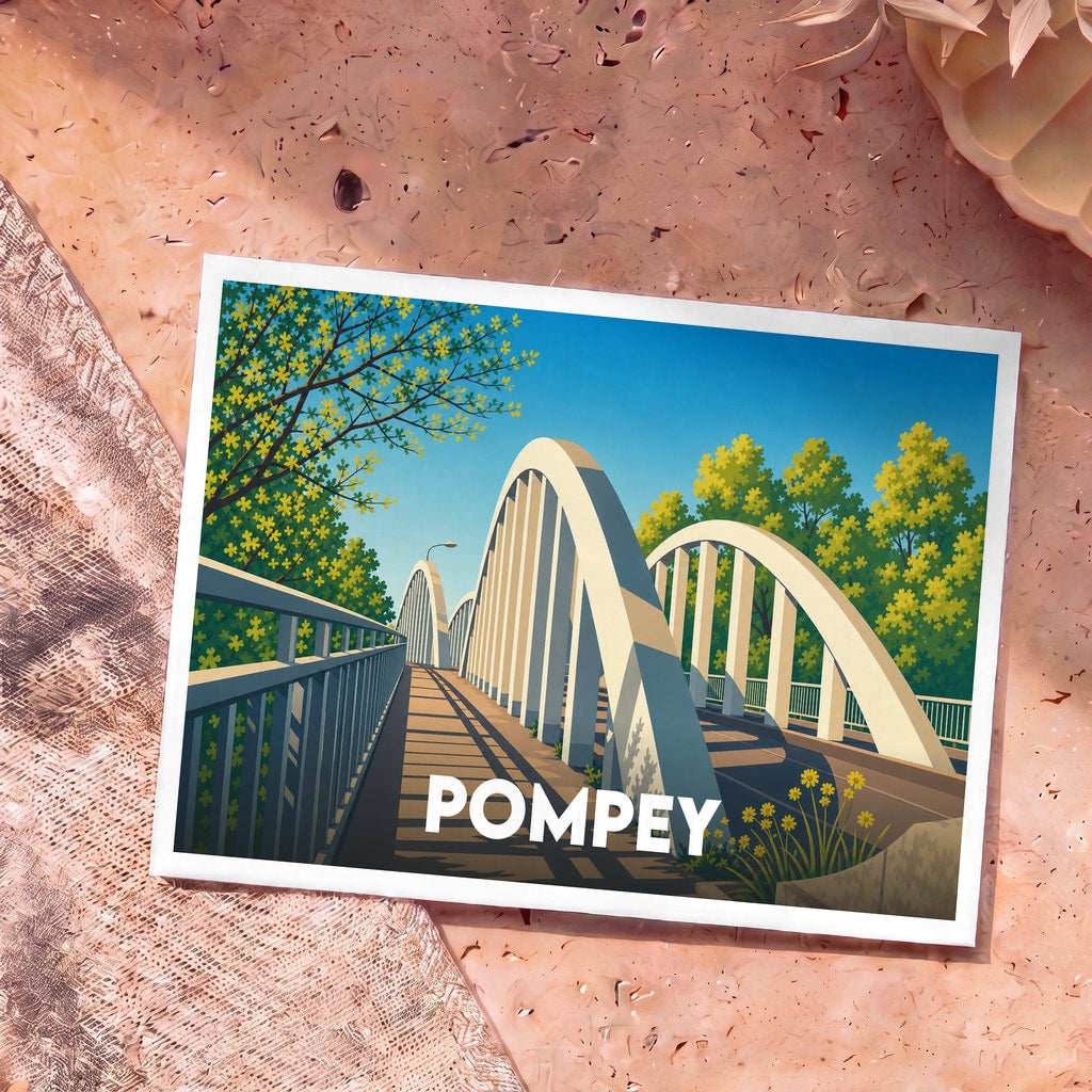 Carte postale souvenir de la ville de Pompey illustrant son pont bow-string dans un style graphique épuré.