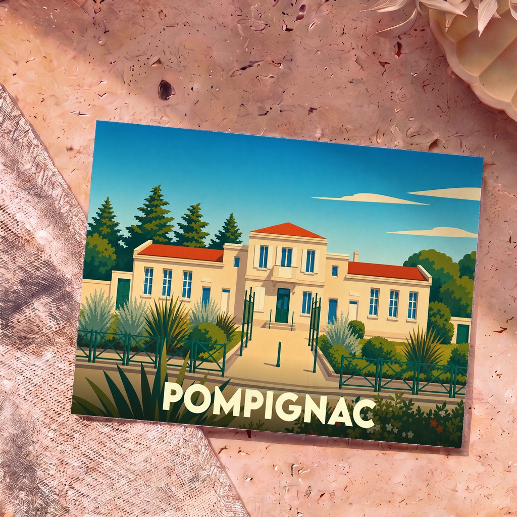 Carte postale souvenir de la ville de Pompignac arborant une illustration stylisée de sa mairie.