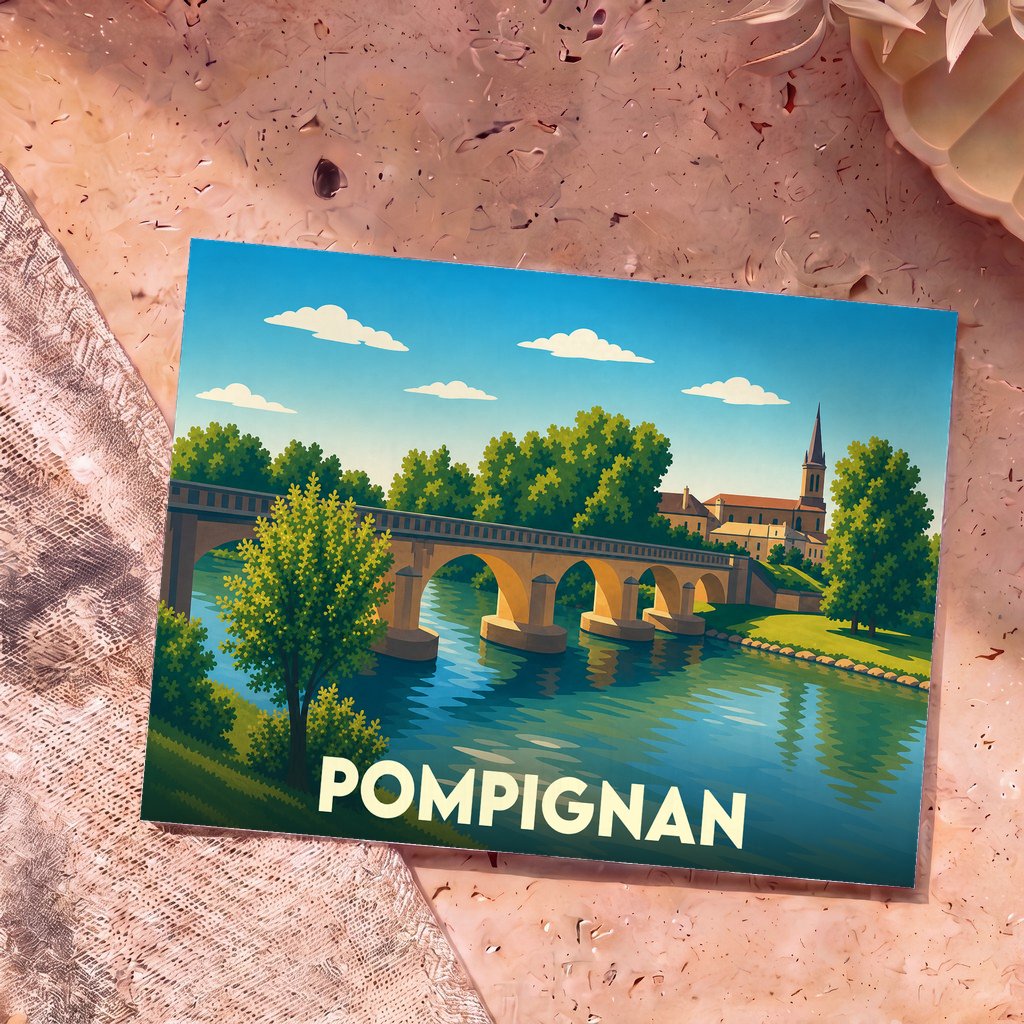 Carte postale souvenir de la ville de Pompignan illustrant un pont en pierre et son église bordant une rivière.