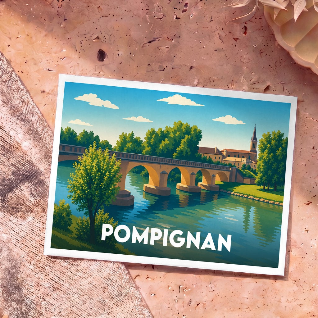 Carte postale souvenir de la ville de Pompignan illustrant un pont en pierre et son église bordant une rivière.