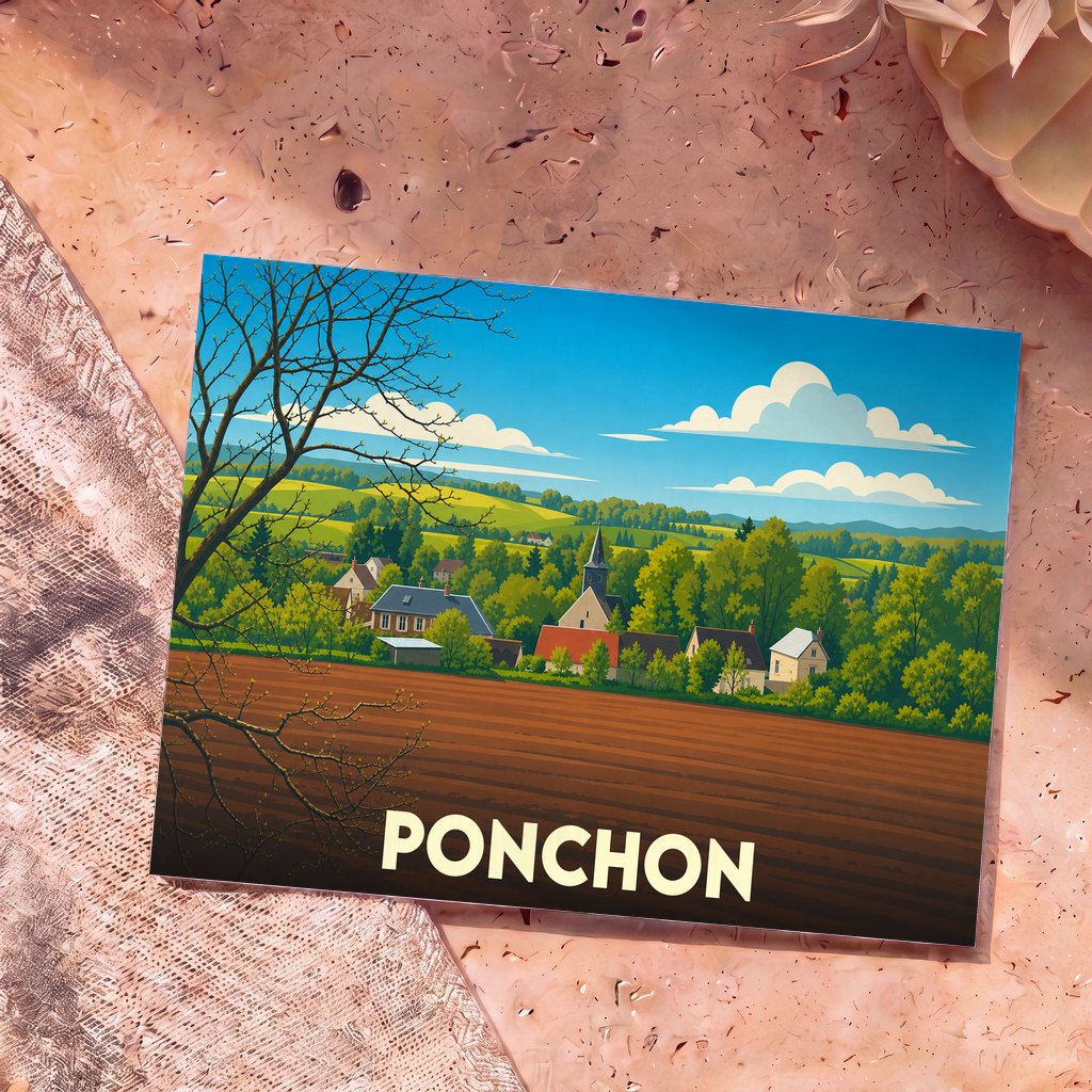 Carte postale souvenir de la ville de Ponchon illustrant un paysage de campagne vallonné avec ses maisons et son église.