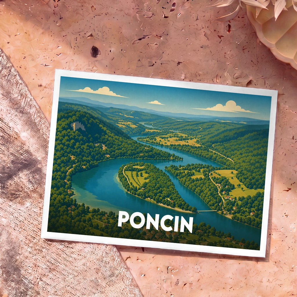 Carte postale souvenir de la ville de Poncin représentant une vue aérienne stylisée d'un méandre de rivière au cœur d'une vallée verdoyante.