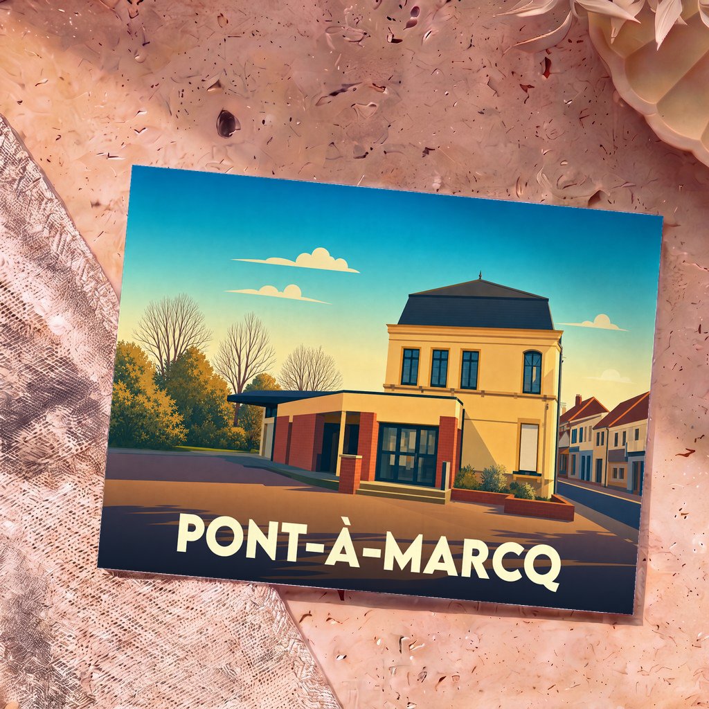 Carte postale souvenir de la ville de Pont-à-Marcq avec une illustration stylisée de son architecture.