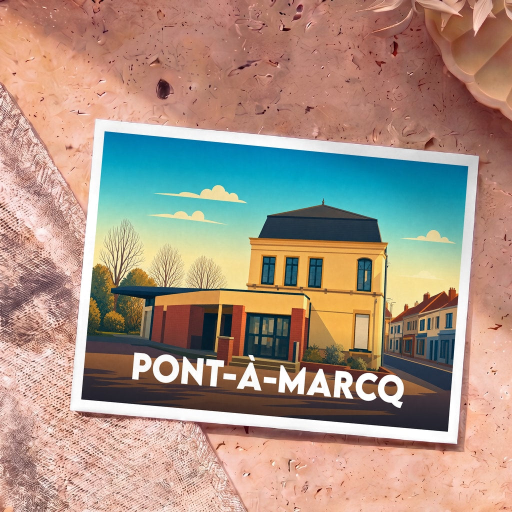 Carte postale souvenir de la ville de Pont-à-Marcq avec une illustration stylisée de son architecture.