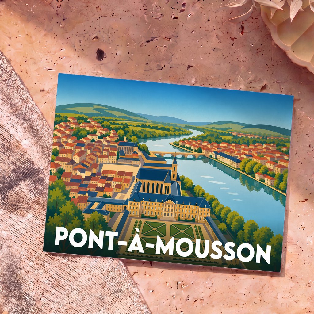 Carte postale souvenir de la ville de Pont-à-Mousson avec une illustration stylisée en vue aérienne.