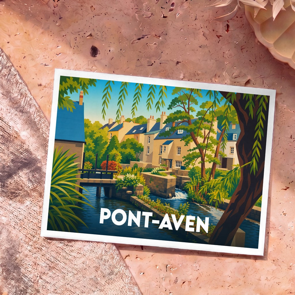 Carte postale souvenir de la ville de Pont-Aven avec une illustration stylisée d'un moulin et de maisons au bord de l'eau.
