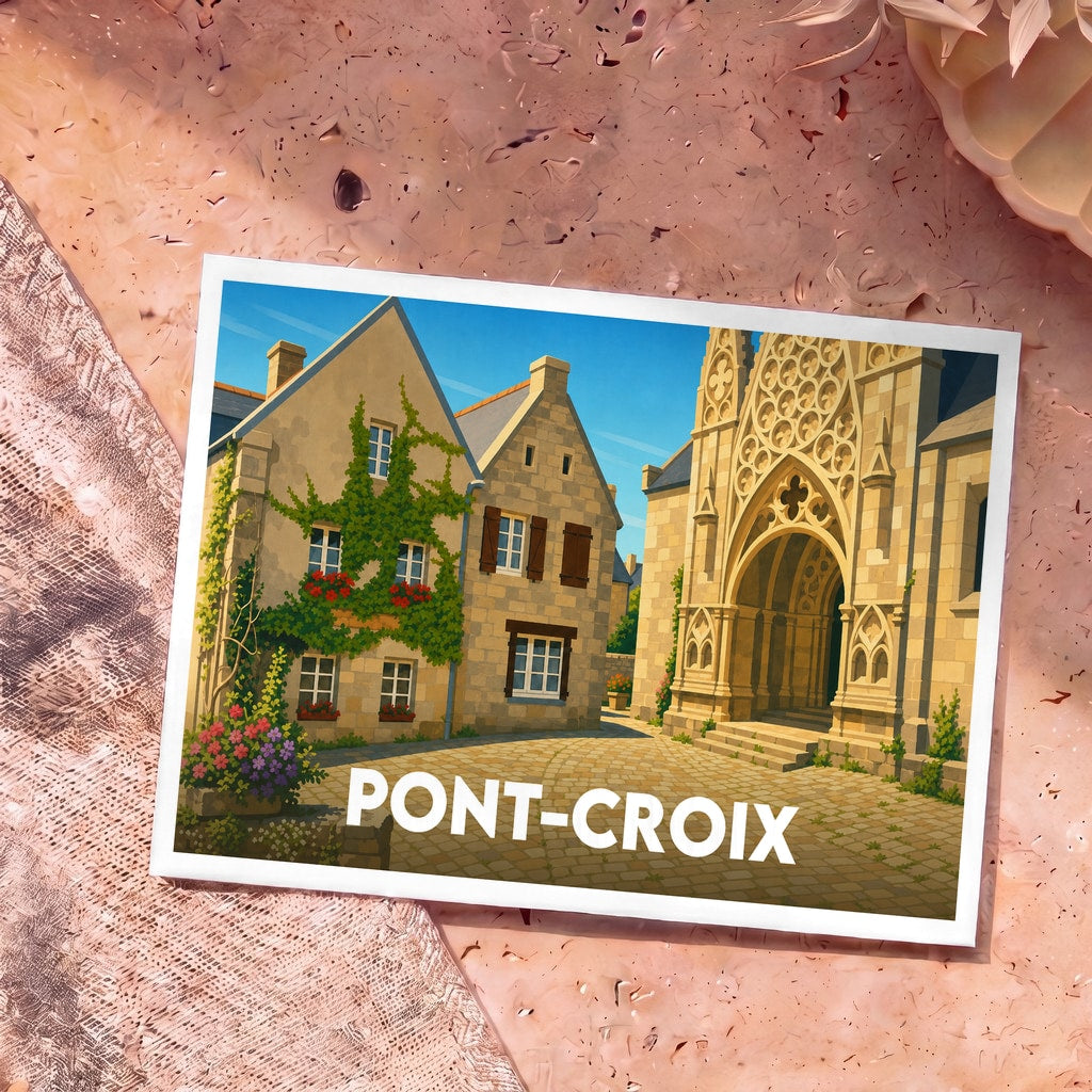 Carte postale souvenir de la ville de Pont-Croix avec une illustration stylisée d'une ruelle fleurie et de son église.