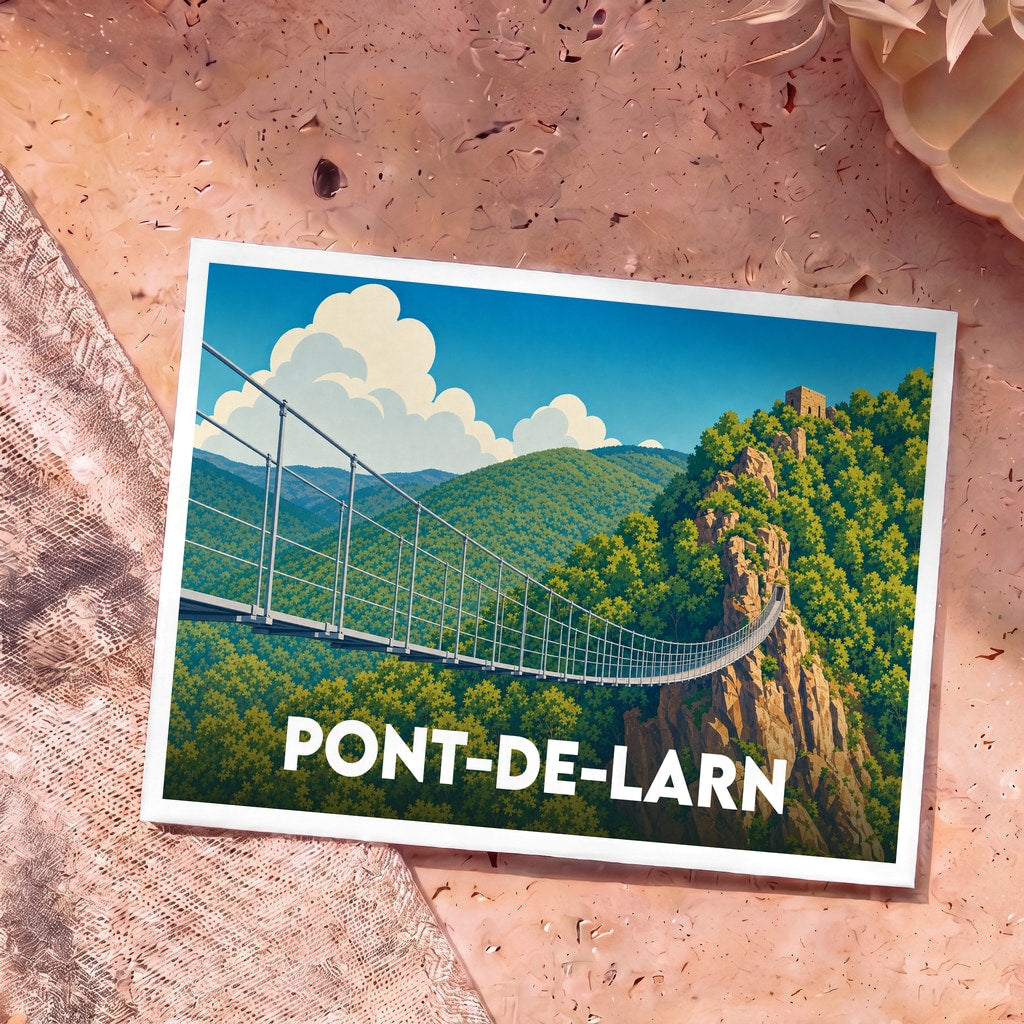 Carte postale souvenir de la ville de Pont-de-Larn illustrant une passerelle suspendue au-dessus d'un paysage montagneux.