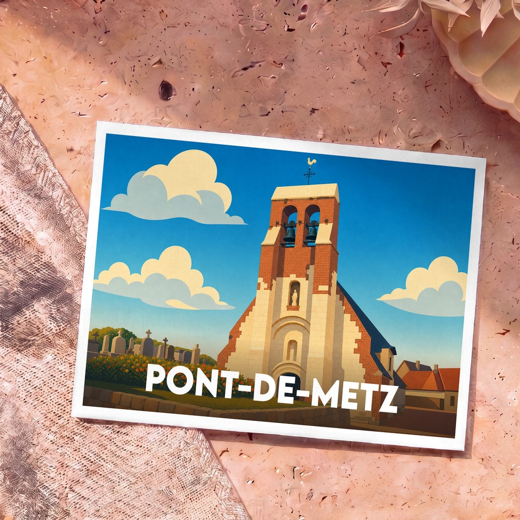 Carte postale souvenir de la ville de Pont-de-Metz avec une illustration stylisée de son église et de son cimetière.