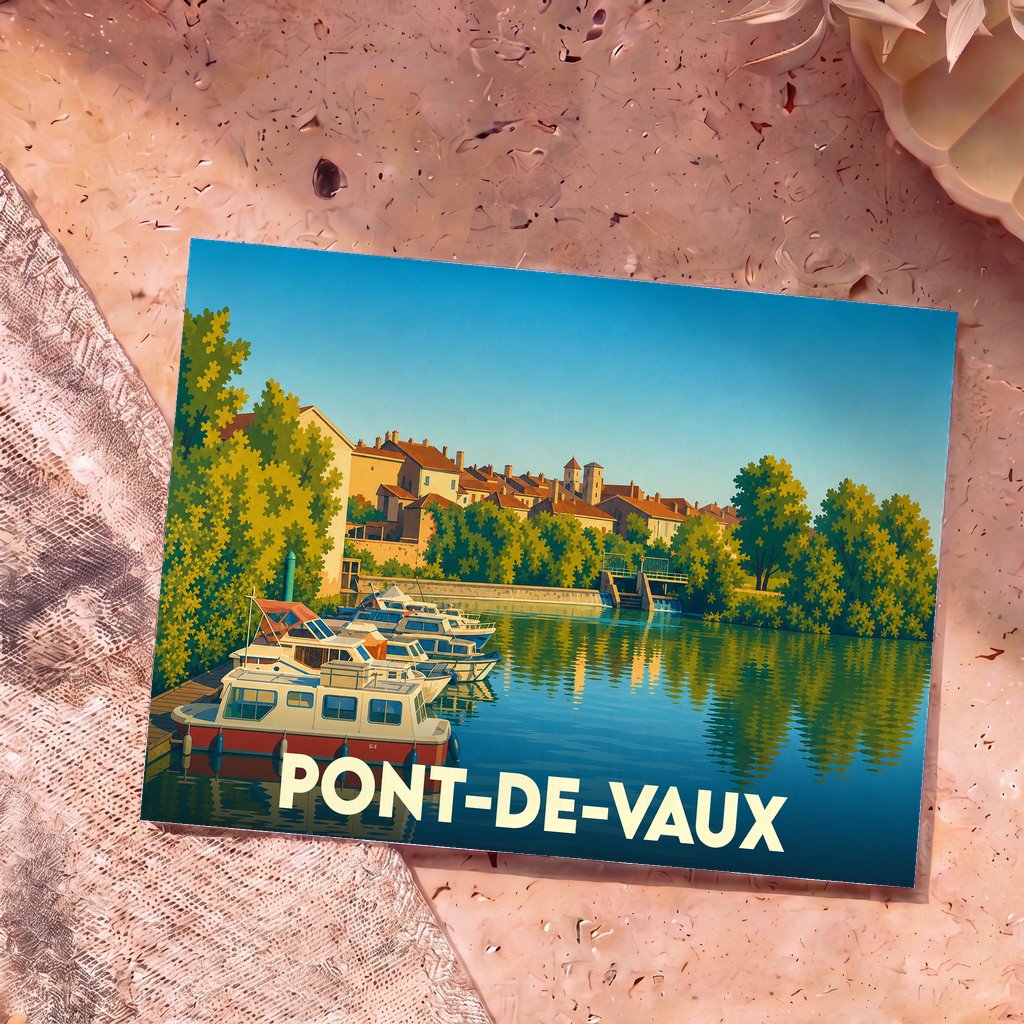 Carte postale souvenir de la ville de Pont-de-Vaux arborant une illustration stylisée de son port de plaisance.
