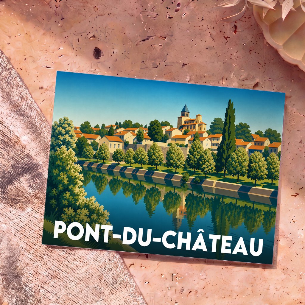 Carte postale souvenir de la ville de Pont-du-Château avec une illustration stylisée.