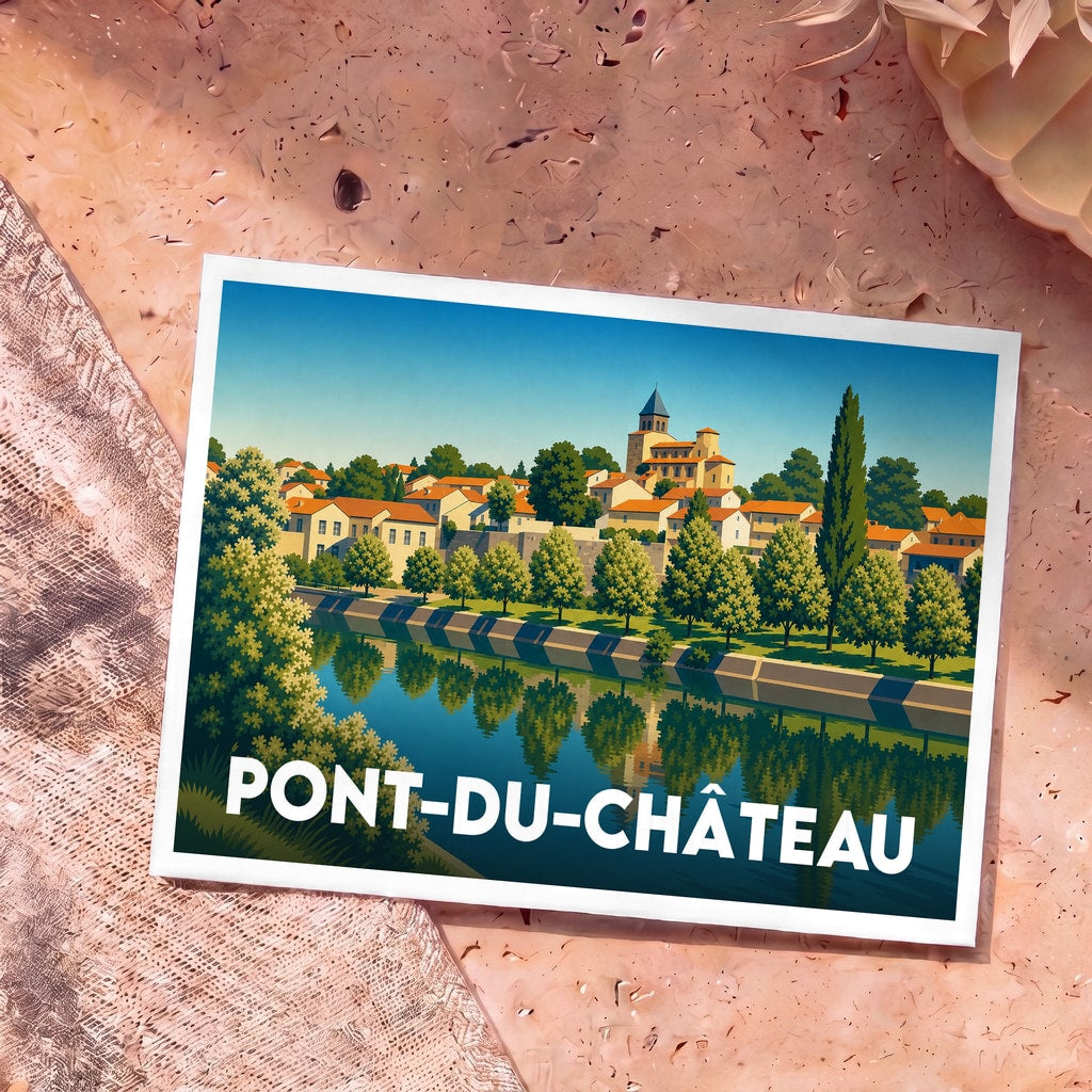 Carte postale souvenir de la ville de Pont-du-Château avec une illustration stylisée.