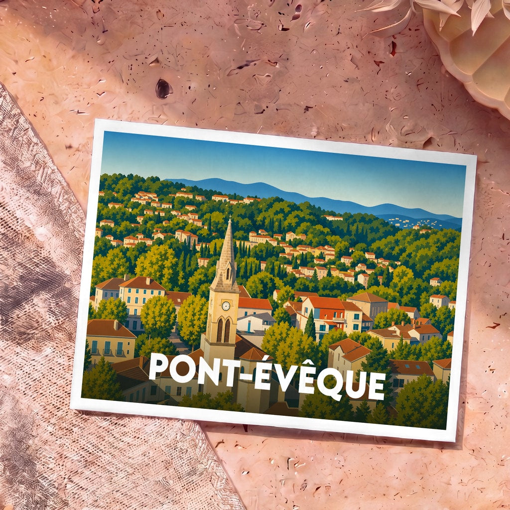 Carte postale souvenir de la ville de Pont-Évêque avec une illustration stylisée et colorée.