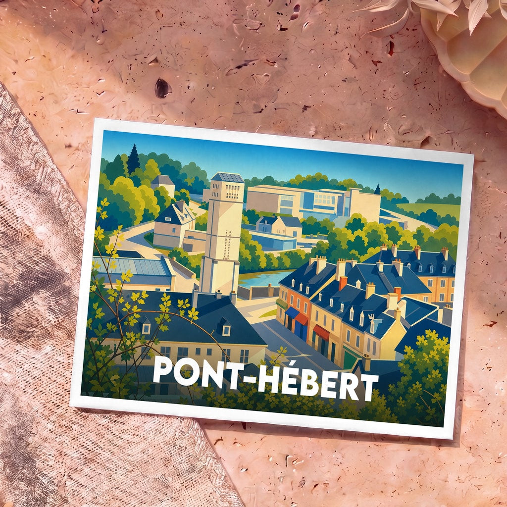 Carte postale souvenir de la ville de Pont-Hébert avec une illustration stylisée et colorée.