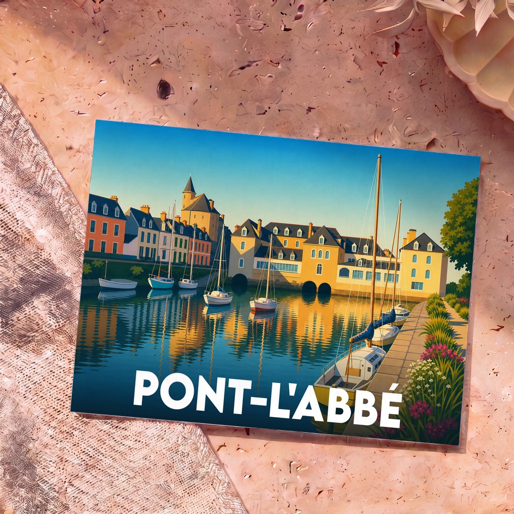Carte postale souvenir de la ville de Pont-l'Abbé avec une illustration stylisée de son port et de ses bâtiments colorés.