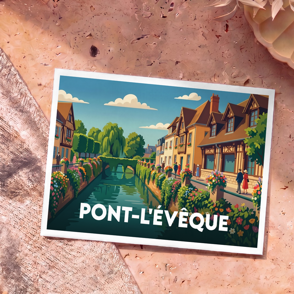 Carte postale souvenir de la ville de Pont-l'Évêque illustrant un canal fleuri bordé de maisons à colombages.