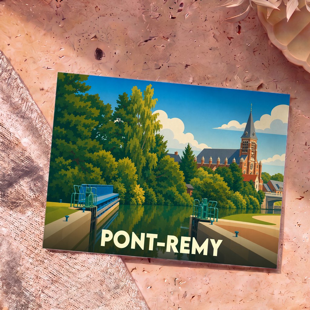 Carte postale souvenir de la ville de Pont-Remy avec une illustration stylisée d'une écluse et de son église.