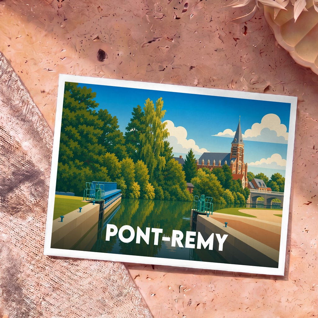 Carte postale souvenir de la ville de Pont-Remy avec une illustration stylisée d'une écluse et de son église.