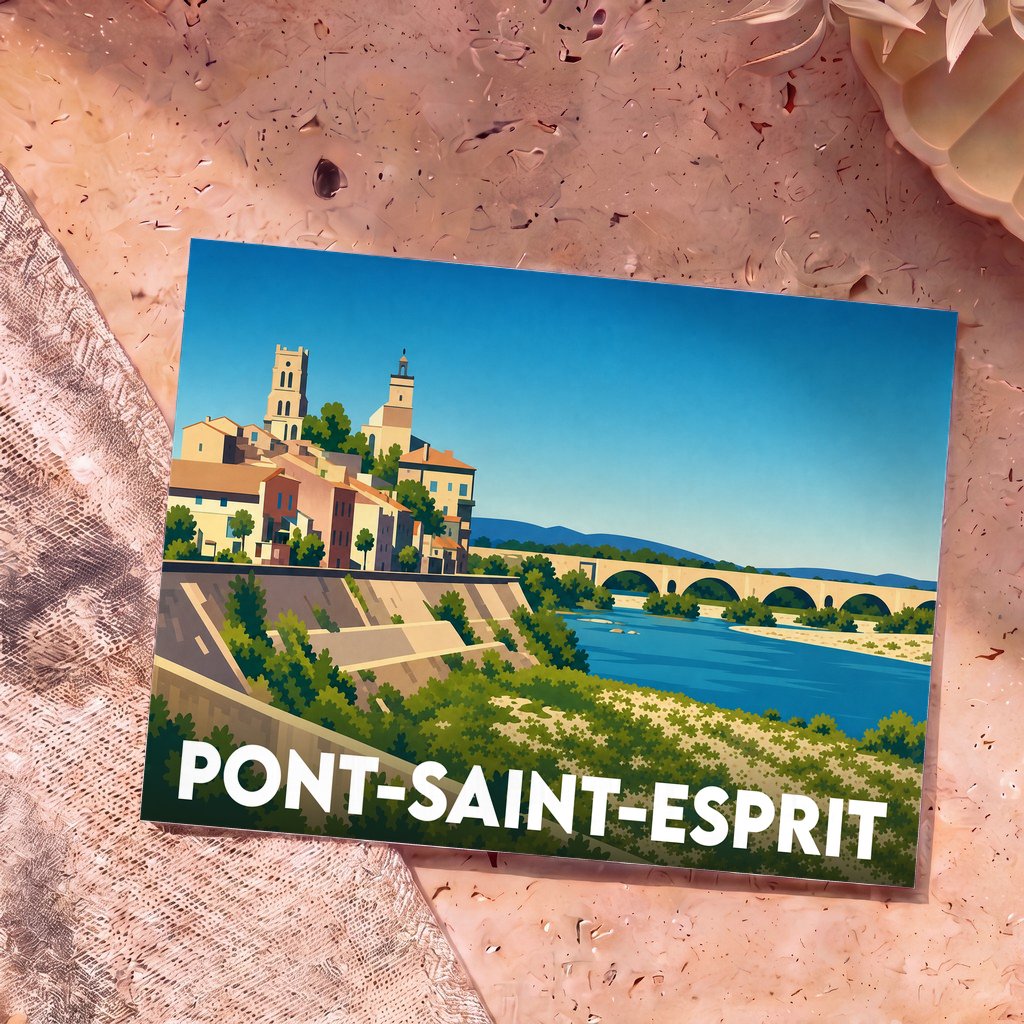 Carte postale souvenir de la ville de Pont-Saint-Esprit avec une illustration stylisée des monuments et du pont au bord du Rhône.