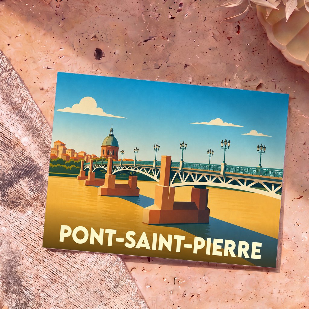 Carte postale souvenir de Pont-Saint-Pierre avec une illustration stylisée de son pont emblématique sur la rivière.