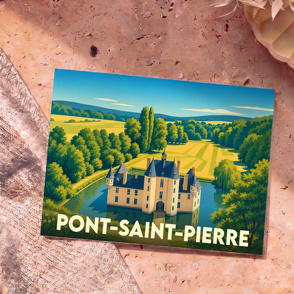 Carte postale souvenir de la ville de Pont-Saint-Pierre illustrant son château entouré d'eau dans un style graphique épuré.