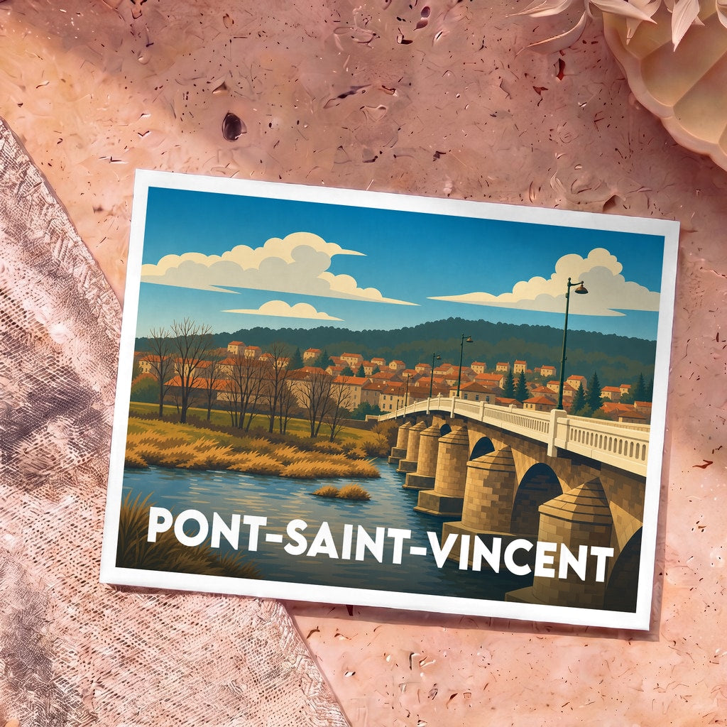 Carte postale souvenir de Pont-Saint-Vincent illustrant son pont historique au-dessus de la Moselle dans un style rétro.