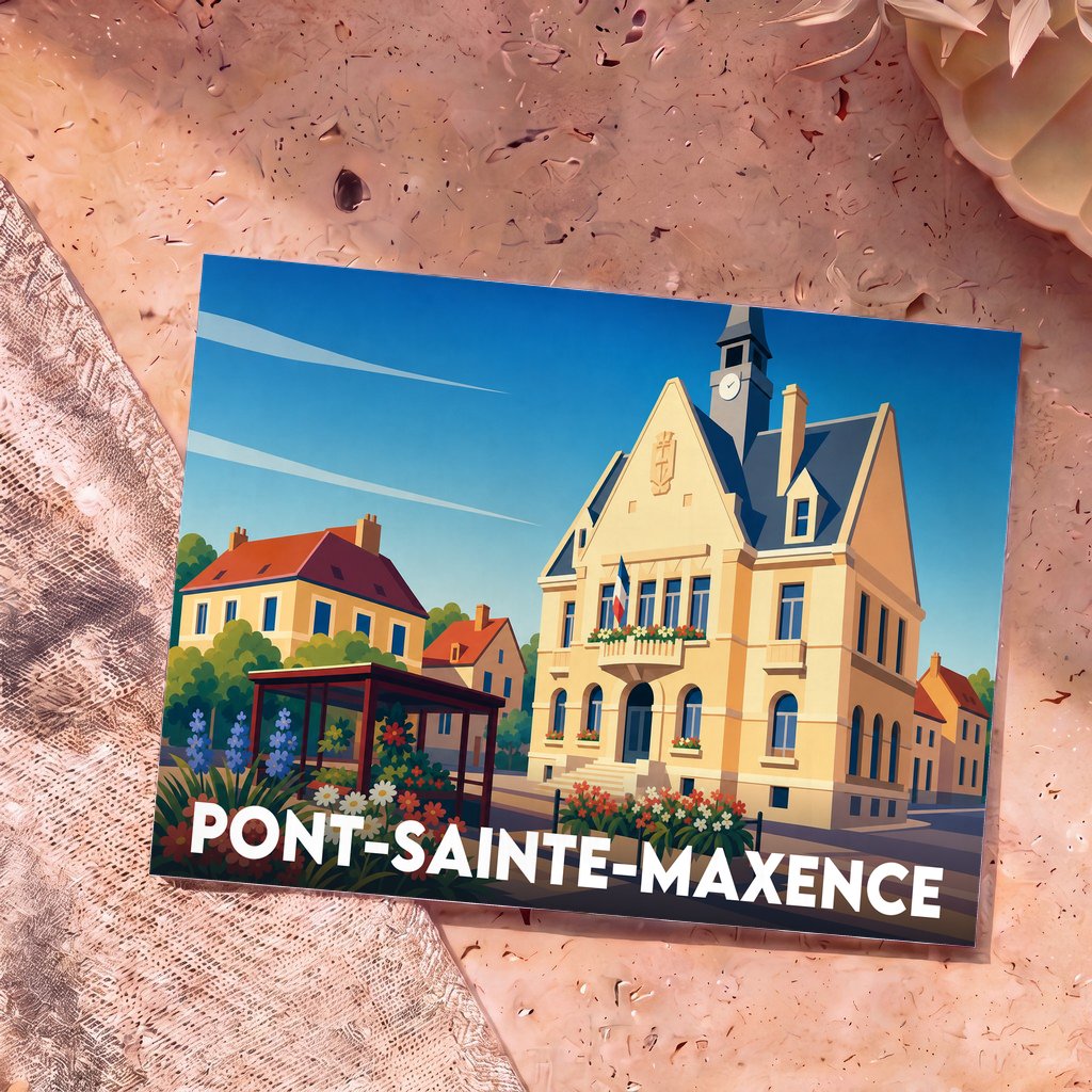 Carte postale souvenir de la ville de Pont-Sainte-Maxence avec une illustration stylisée de son hôtel de ville.