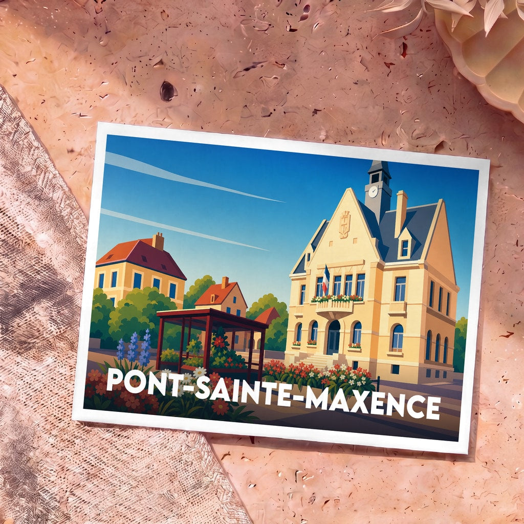Carte postale souvenir de la ville de Pont-Sainte-Maxence avec une illustration stylisée de son hôtel de ville.