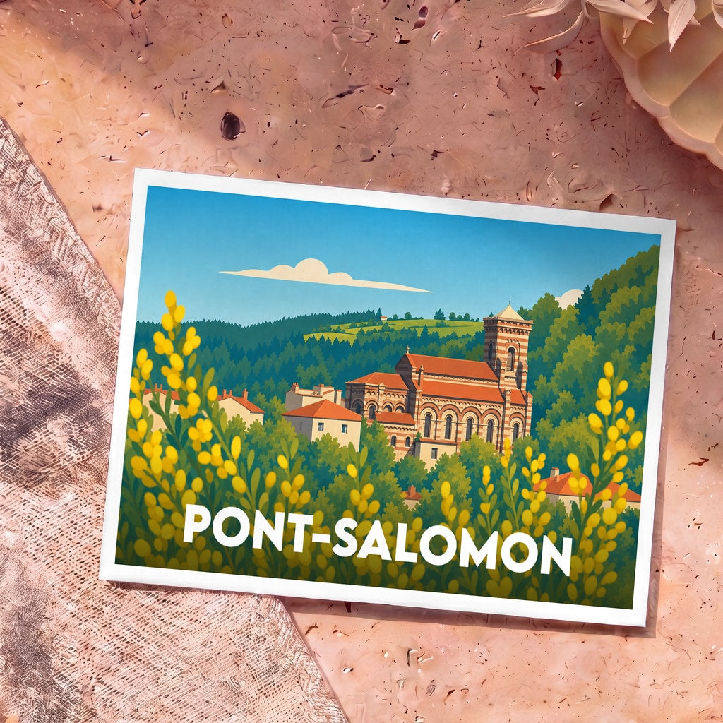 Carte postale souvenir de Pont-Salomon avec une illustration stylisée d'une église entourée de verdure.
