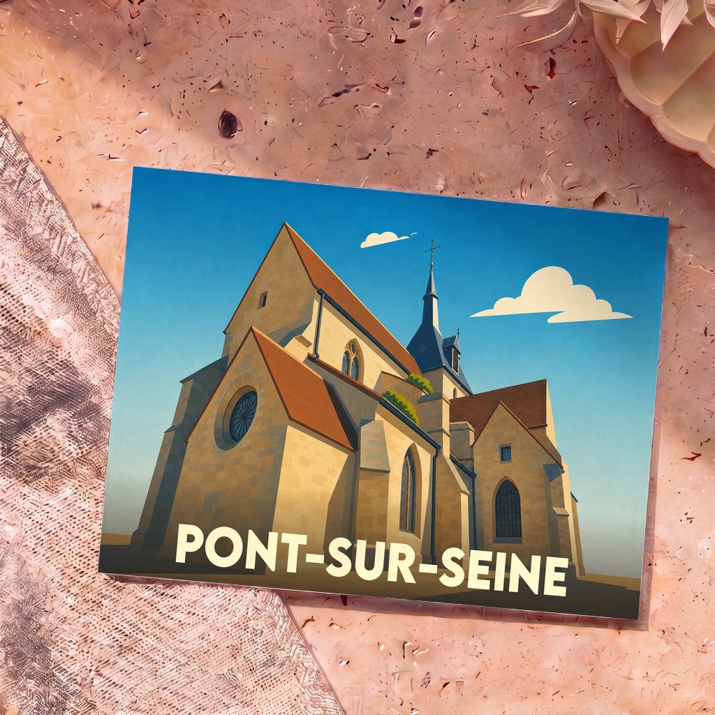 Carte postale souvenir de la ville de Pont-sur-Seine avec une illustration stylisée de son église sous un ciel bleu.