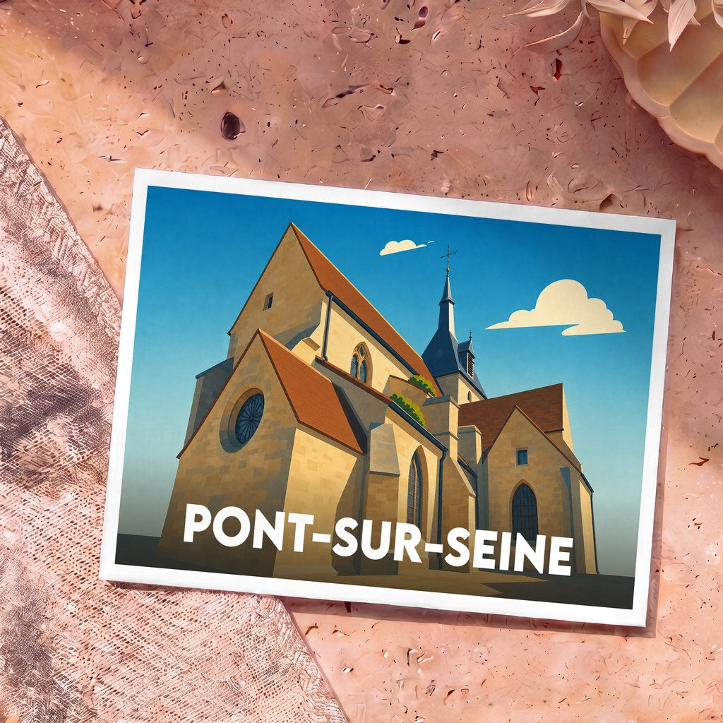 Carte postale souvenir de la ville de Pont-sur-Seine avec une illustration stylisée de son église sous un ciel bleu.
