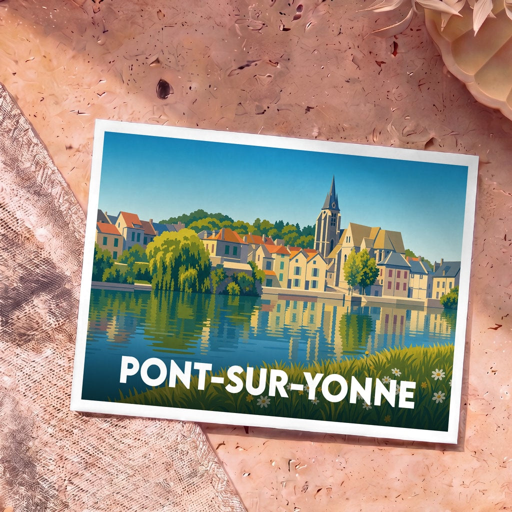 Carte postale souvenir de la ville de Pont-sur-Yonne avec une illustration stylisée des bords de l'Yonne.