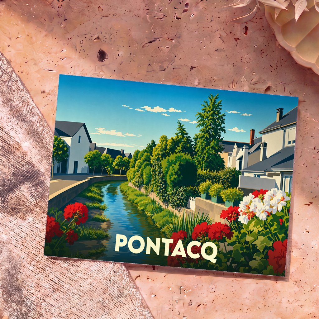 Carte postale souvenir de la ville de Pontacq avec une illustration stylisée d'un cours d'eau fleuri bordé de maisons.