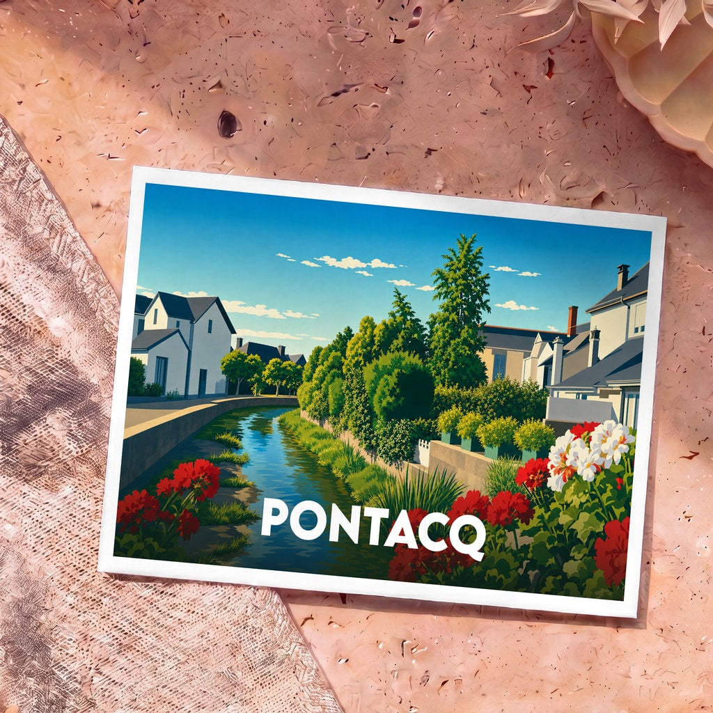 Carte postale souvenir de la ville de Pontacq avec une illustration colorée et stylisée représentant un canal fleuri.