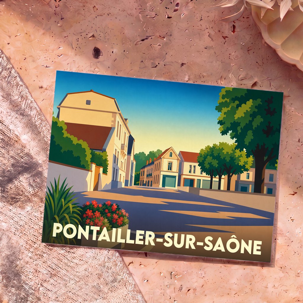 Carte postale souvenir de Pontailler-sur-Saône avec une illustration colorée et stylisée de la ville.