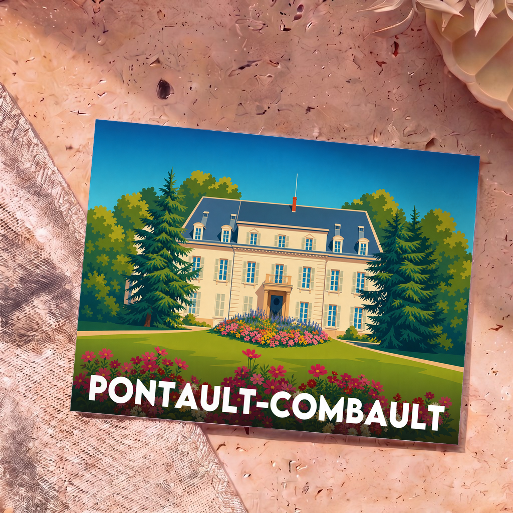 Carte postale souvenir de la ville de Pontault-Combault avec une illustration stylisée d'une demeure bourgeoise.