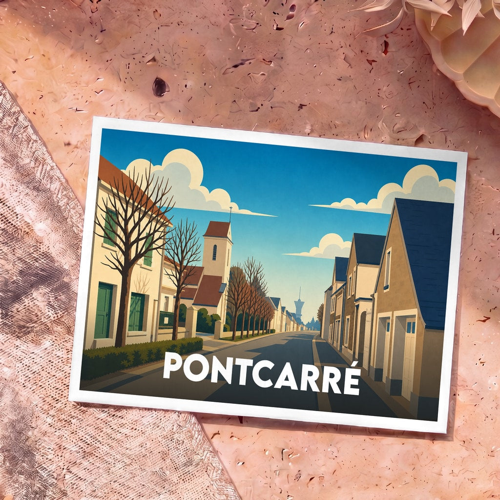 Carte postale souvenir de la ville de Pontcarré illustrant une rue calme et son clocher dans un style graphique épuré.