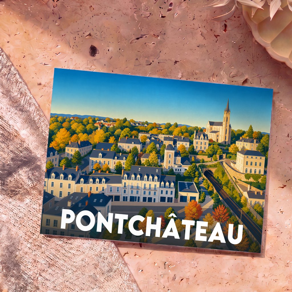 Carte postale souvenir de la ville de Pontchâteau illustrée d'un paysage urbain coloré au style graphique.