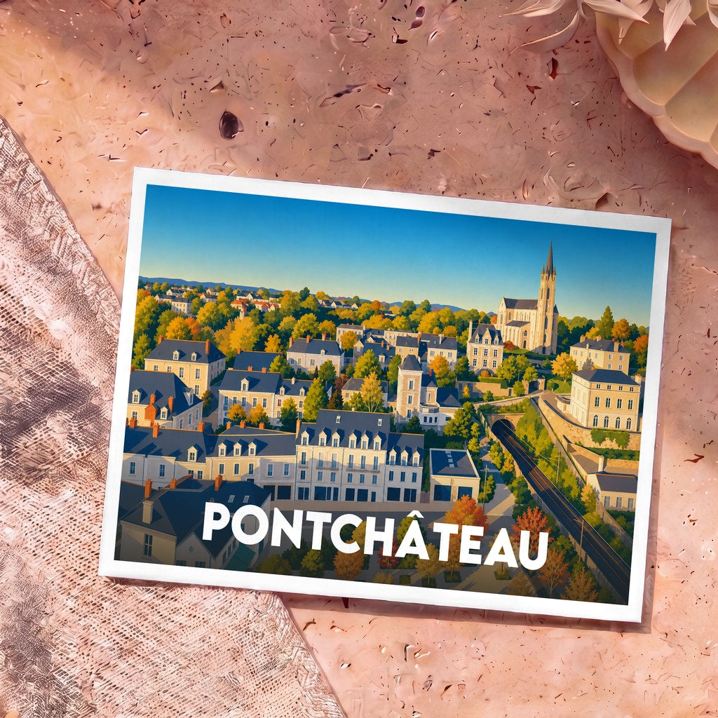 Carte postale souvenir de la ville de Pontchâteau illustrée d'un paysage urbain coloré au style graphique.