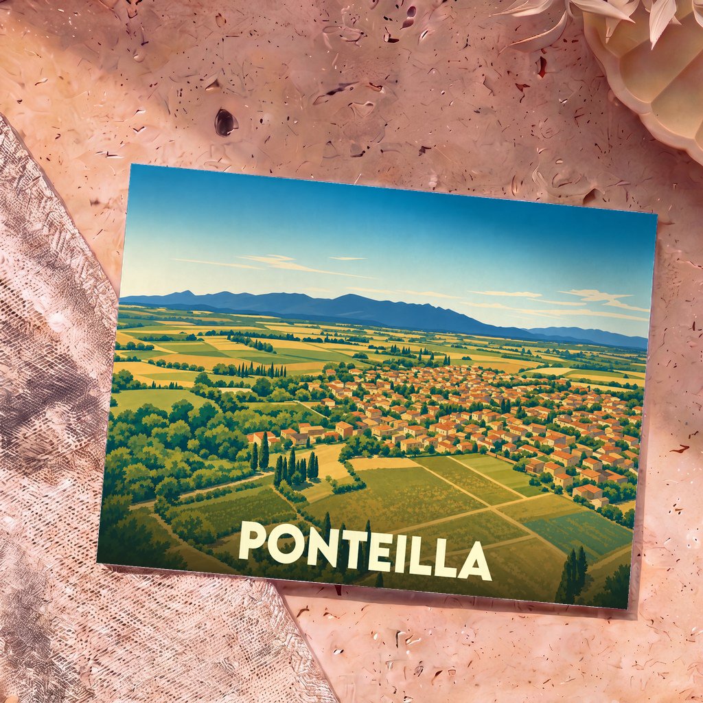 Carte postale souvenir de la ville de Ponteilla avec une illustration stylisée vue du ciel.