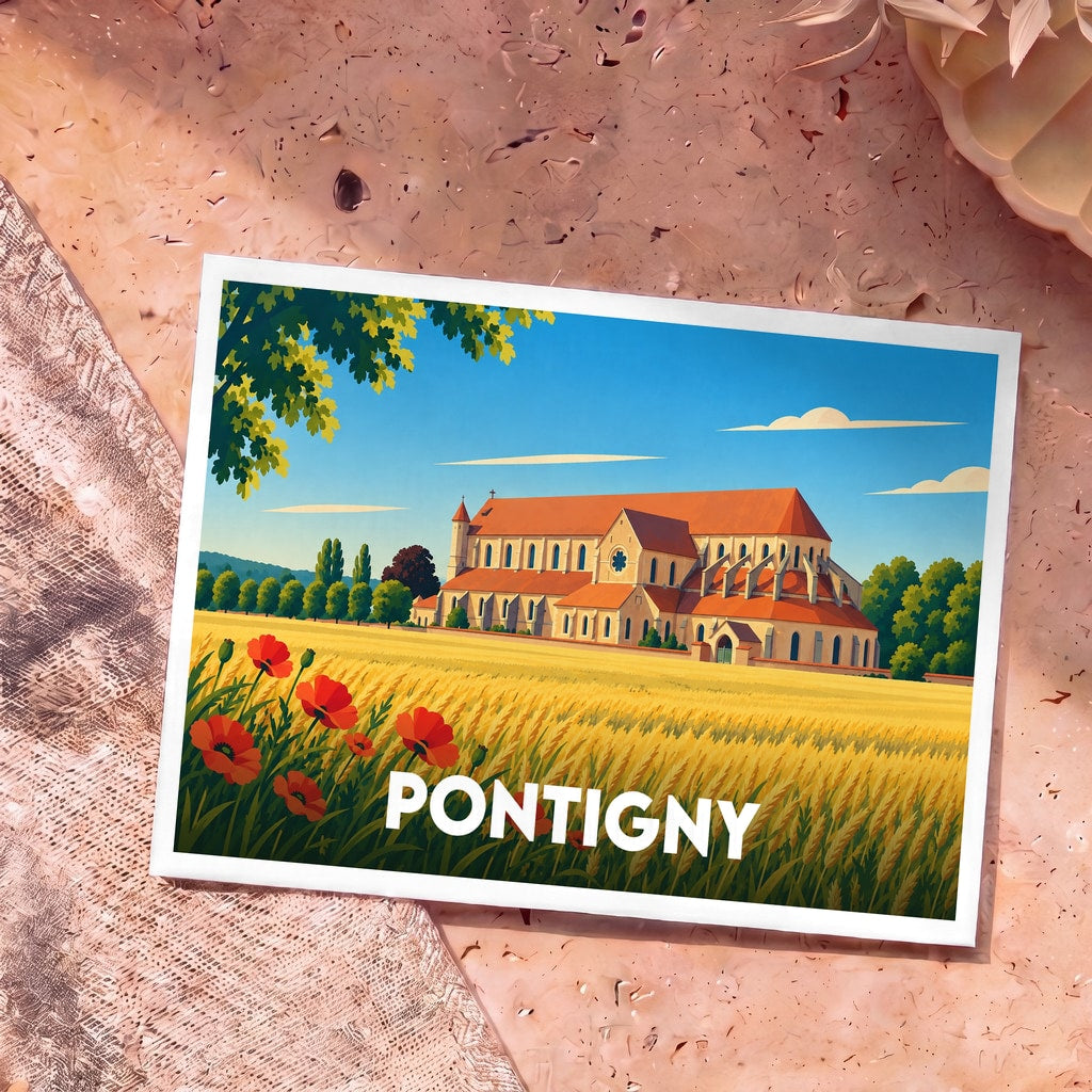 Carte postale souvenir de la ville de Pontigny illustrant son abbaye au milieu d'un champ de blé.