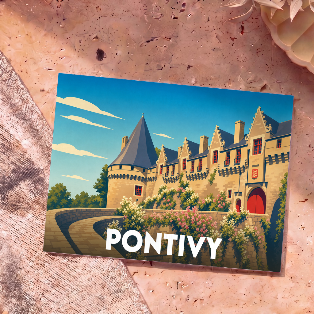 Carte postale souvenir de la ville de Pontivy illustrant son château médiéval dans un style graphique et coloré.
