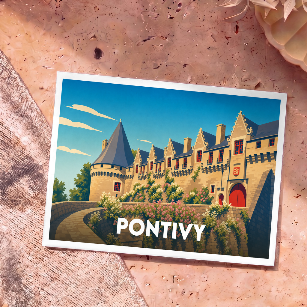 Carte postale souvenir de la ville de Pontivy illustrant son château médiéval dans un style graphique et coloré.