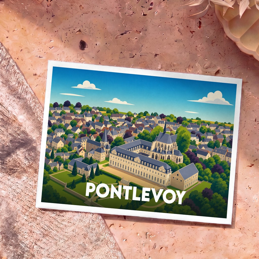 Carte postale souvenir de la ville de Pontlevoy avec une illustration stylisée de son abbaye et du village environnant.
