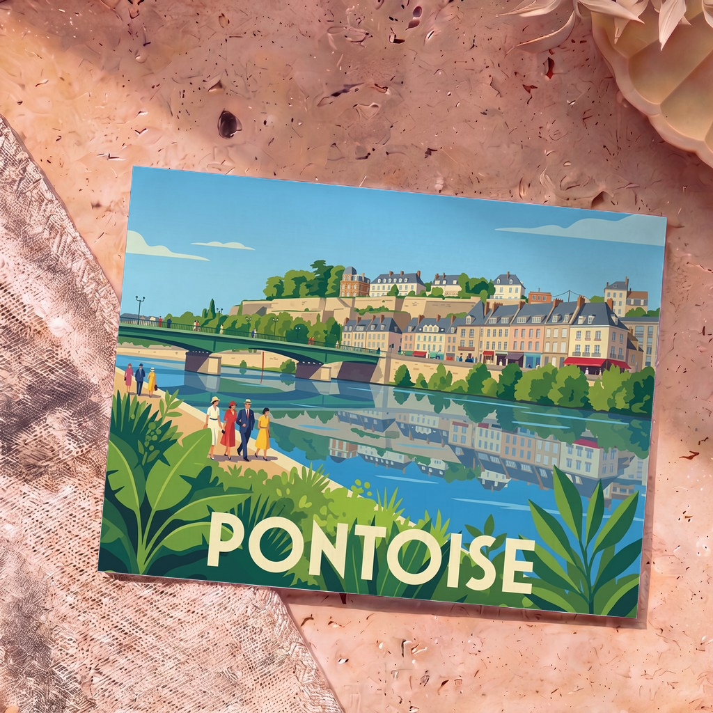 Carte postale souvenir de la ville de Pontoise avec une illustration stylisée des bords de l'Oise.