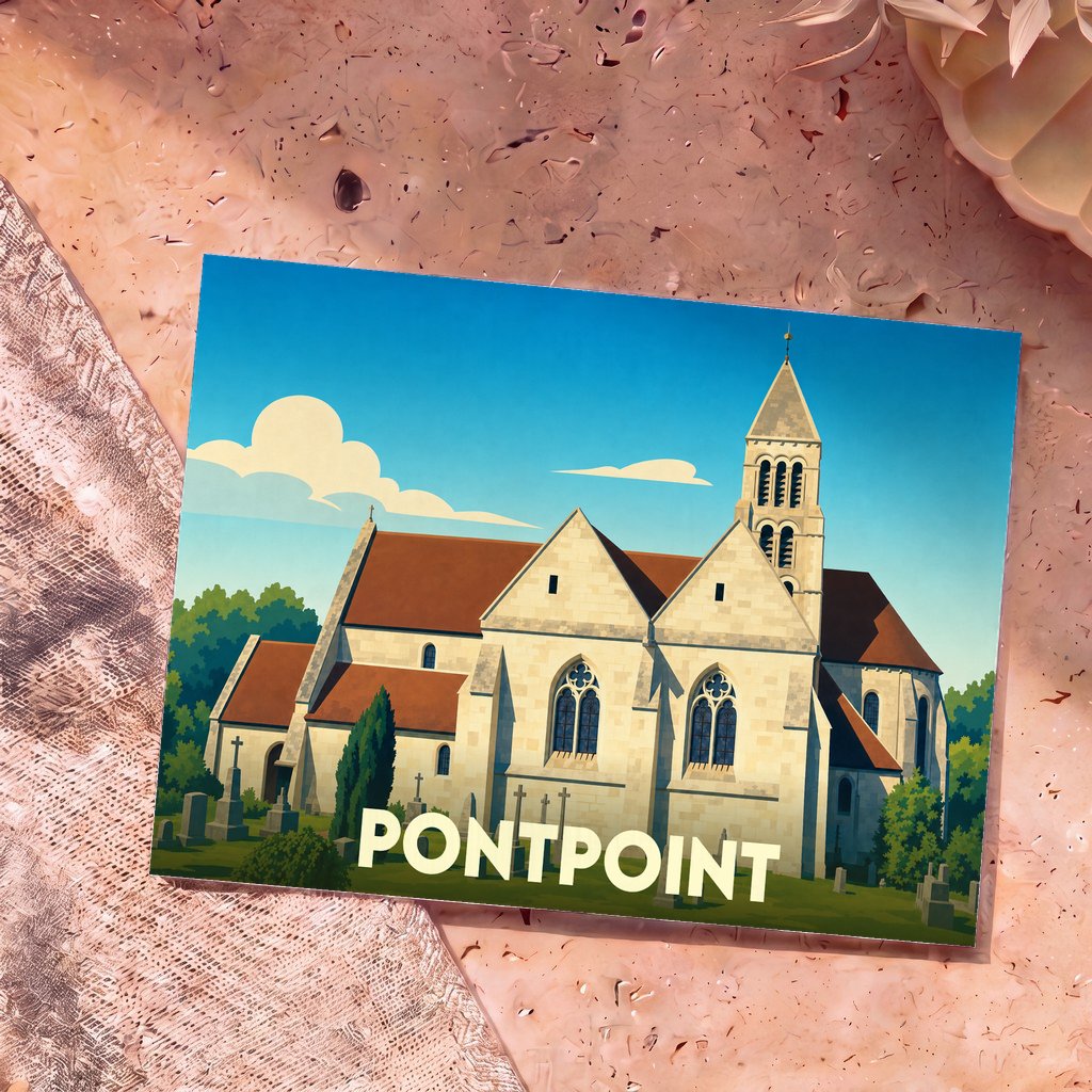 Carte postale souvenir de la ville de Pontpoint avec une illustration stylisée d'une église en pierre.