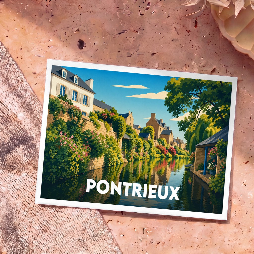 Carte postale souvenir de la ville de Pontrieux illustrant ses maisons fleuries au bord de l'eau.