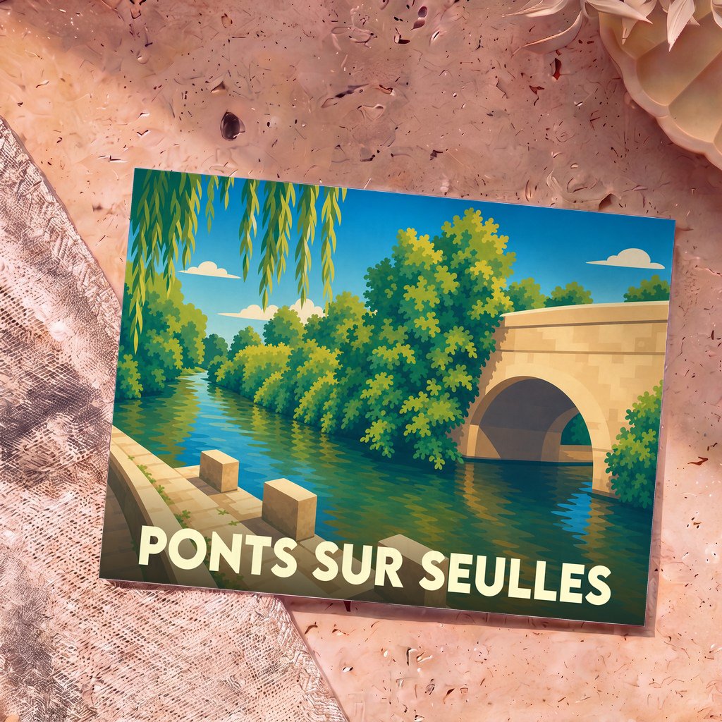 Carte postale souvenir de la ville de Ponts sur Seulles avec une illustration stylisée d'un pont de pierre enjambant une rivière bordée d'arbres.